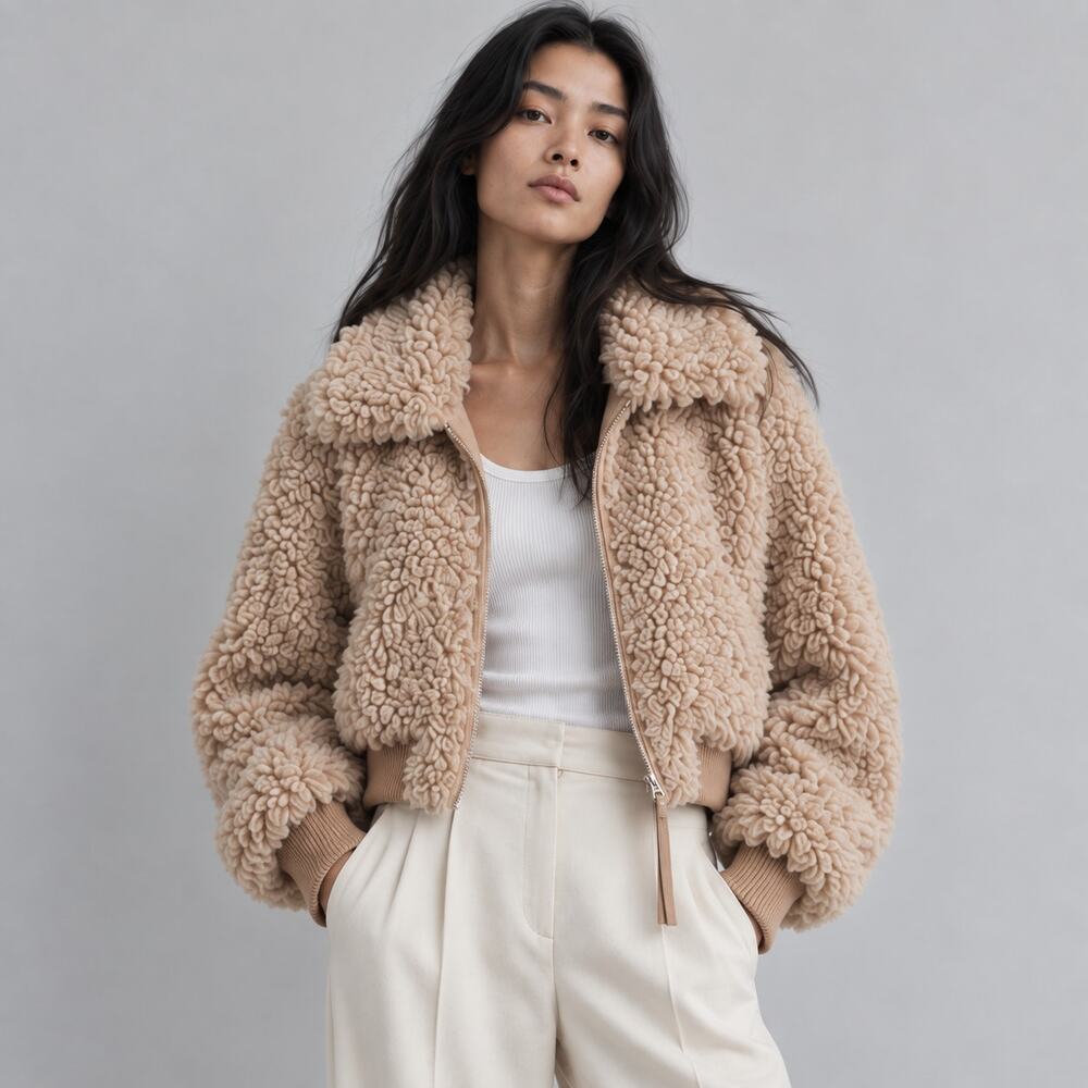 Mos Edition Teddy Jacket Womens One Size Bomber Cropped Full Zip Long Sleeve